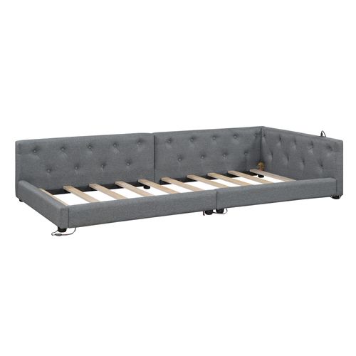 Lit Banquette 90x200 Cm - Simple En Lin, Tête Capitonnée, LED, USB-c - Gris