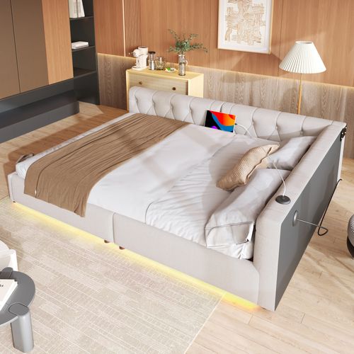 Lit Banquette 140x200 Cm - Double En Lin, Tête Capitonnée, LED Et USB-c - Beige