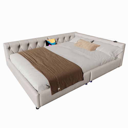 Lit Banquette 140x200 Cm - Double En Lin, Tête Capitonnée, LED Et USB-c - Beige