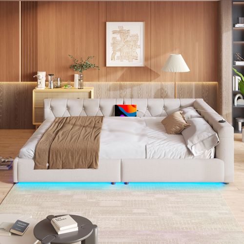 Lit Banquette 140x200 Cm - Double En Lin, Tête Capitonnée, LED Et USB-c - Beige
