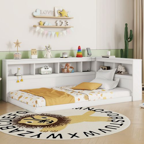 Lit Banquette 140x200 Cm - Lit Ado Et Enfant Avec Rangement Pratique, Port USB Intégré - Blanc
