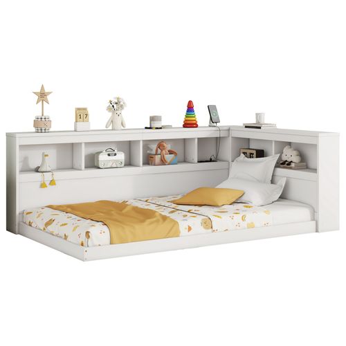 Lit Banquette 140x200 Cm - Lit Ado Et Enfant Avec Rangement Pratique, Port USB Intégré - Blanc