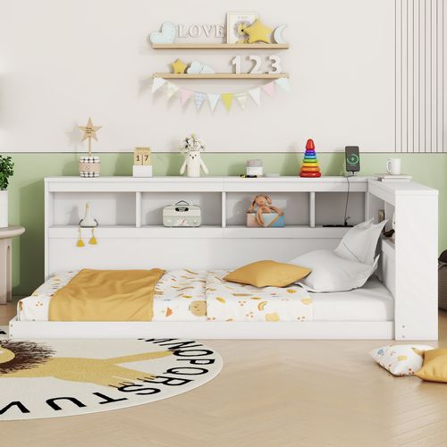 Lit Banquette 140x200 Cm - Lit Ado Et Enfant Avec Rangement Pratique, Port USB Intégré - Blanc
