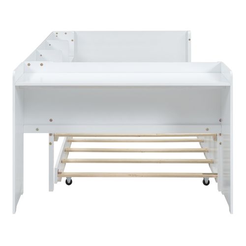 Lit Gigogne 90x200 Cm - Lit Simple Et Enfant Avec Bureau Intégré Et 3 Étagères - Blanc