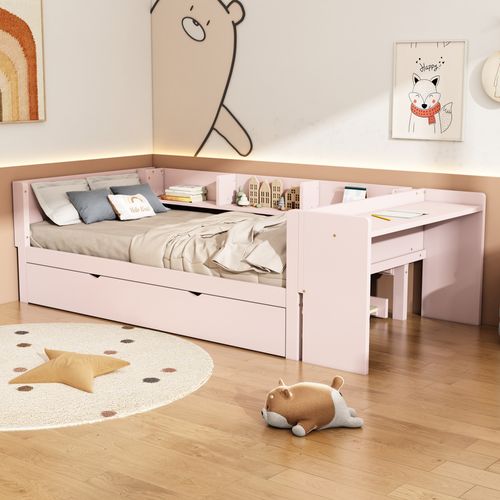Lit Gigogne 90x200 Cm - Lit Simple Et Enfant Avec Bureau Intégré Et 3 Étagères - Rose