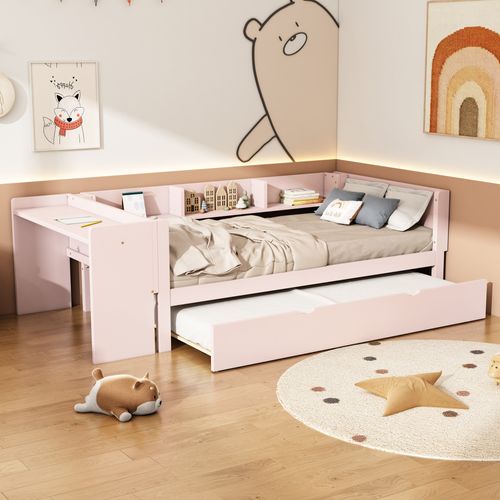 Lit Gigogne 90x200 Cm - Lit Simple Et Enfant Avec Bureau Intégré Et 3 Étagères - Rose