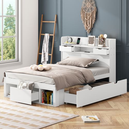 Lit Rangement 90x200 Cm Avec Tiroirs, Armoire Et Port USB - Bois - Blanc