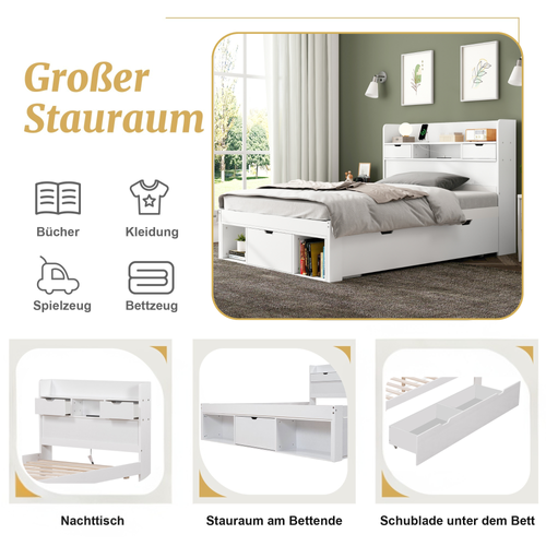 Lit Rangement 90x200 Cm Avec Tiroirs, Armoire Et Port USB - Bois - Blanc