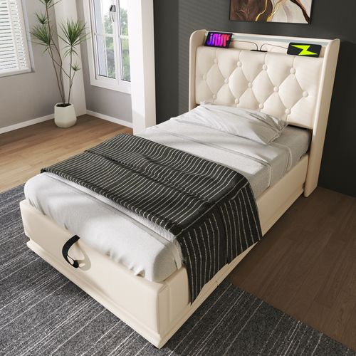 Lit Coffre 90x200 Cm - Lit Simple Capitonné Avec USB Type-c Et LED - Pu - Blanc