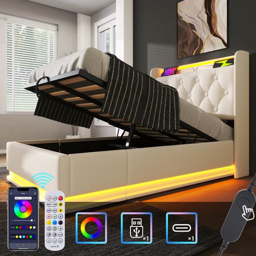 Lit Coffre 90x200 Cm - Lit Simple Capitonné Avec USB Type-c Et LED - Pu - Blanc