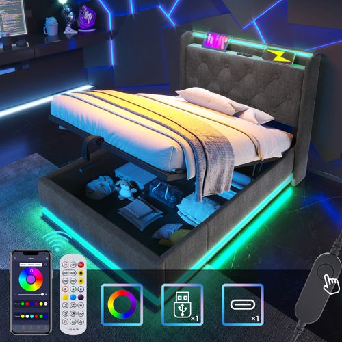 Lit Coffre 90x200 Cm - Lit Simple Capitonné Avec LED Et USB Type-c - Lin - Gris