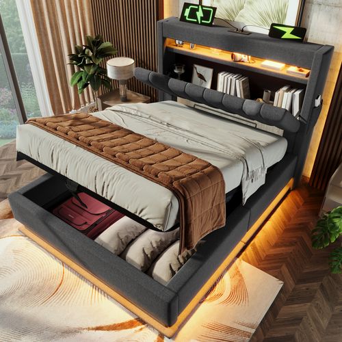 Lit Coffre 90x200 Cm Avec Rangement, LED Et Ports USB Type-c, Tête Capitonnée Moderne - Lin - Gris