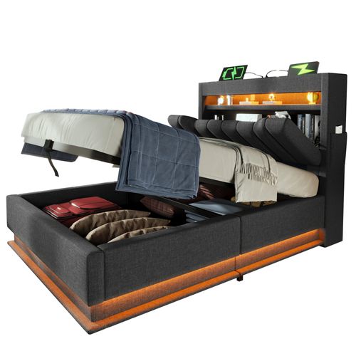 Lit Coffre 90x200 Cm Avec Rangement, LED Et Ports USB Type-c, Tête Capitonnée Moderne - Lin - Gris