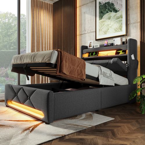 Lit Coffre 90x200 Cm Avec LED Et Ports USB Type-c, Lit Simple Capitonné Moderne - Lin - Gris