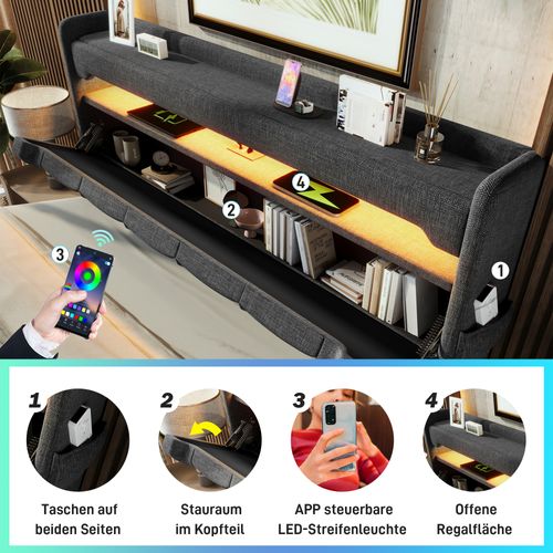 Lit Coffre 90x200 Cm Avec LED Et Ports USB Type-c, Lit Simple Capitonné Moderne - Lin - Gris