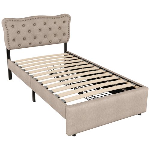 Lit Rangement 90x200 Cm Avec 2 Tiroirs Et Tête Ondulée à Clous - Revêtement En Lin - Beige Foncé