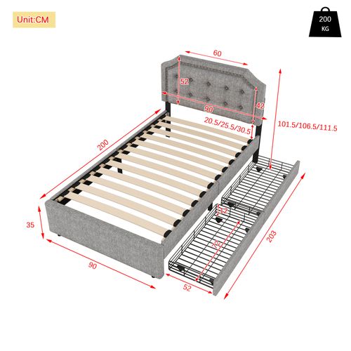 Lit Rangement 90x200 Cm Avec 2 Tiroirs Et Tête Capitonnée Cloutée - Revêtement En Lin - Gris
