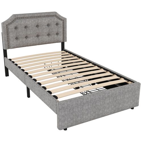 Lit Rangement 90x200 Cm Avec 2 Tiroirs Et Tête Capitonnée Cloutée - Revêtement En Lin - Gris