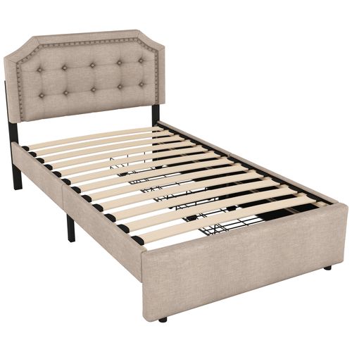 Lit Rangement 90x200 Cm Avec 2 Tiroirs Et Tête Capitonnée Cloutée - Revêtement En Lin - Beige Foncé