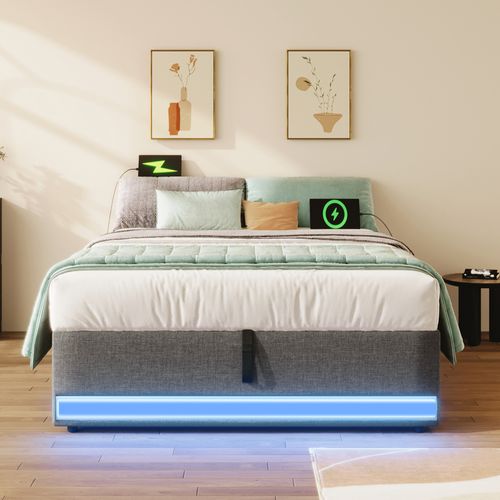 Lit Coffre 90x200 Cm Avec LED Et Ports USB/type-c, Cadre Mdf Et Tissu Lin Résistant - Beige