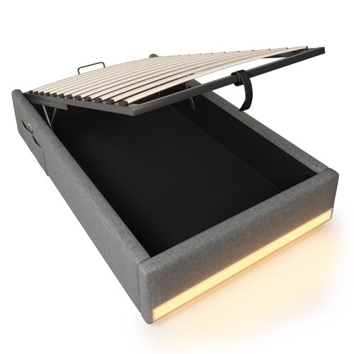 Lit Coffre 90x200 Cm Avec LED Et Ports USB/type-c, Cadre Mdf Et Tissu Lin Résistant - Beige