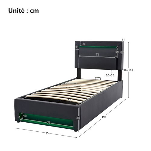Lit Coffre 90x190 Cm Avec Ports USB Et Éclairage LED - Lit Simple Gain De Place - Noir