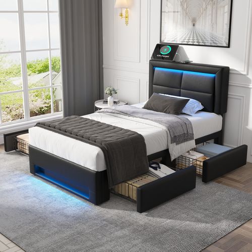 Lit Simple 90x190 Cm Avec Rangement Et Ports USB - Design Contemporain - Noir