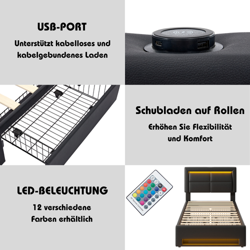 Lit Simple 90x190 Cm Avec Rangement Et Ports USB - Design Contemporain - Noir