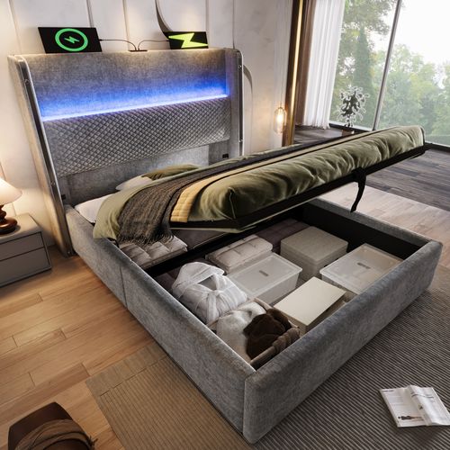 Lit Coffre 90x200 Cm, rangement avec LED Et Port USB, Type-c - Lin Gris