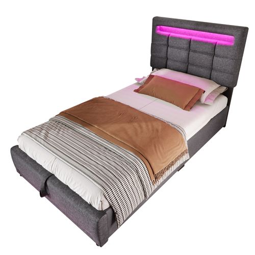 Lit Coffre 90x200 Cm Enfant/ado Avec LED, Ports USB Et Rangement Hydraulique - Tissu Lin Gris