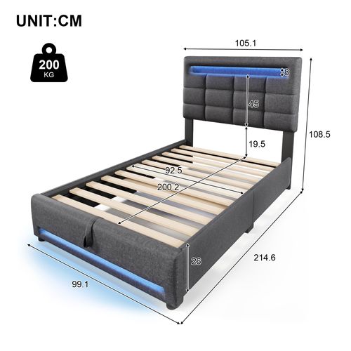 Lit Coffre 90x200 Cm Enfant/ado Avec LED, Ports USB Et Rangement Hydraulique - Tissu Lin Gris