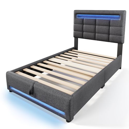 Lit Coffre 90x200 Cm Enfant/ado Avec LED, Ports USB Et Rangement Hydraulique - Tissu Lin Gris