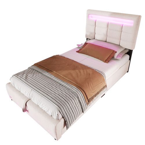 Lit Coffre 90x200 Cm Enfant/ado Avec LED, Ports USB Et Rangement Hydraulique - Tissu Lin Beige