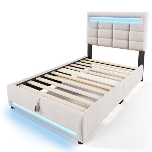 Lit Coffre 90x200 Cm Enfant/ado Avec LED, Ports USB Et Rangement Hydraulique - Tissu Lin Beige