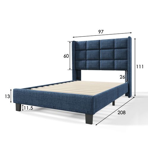 Lit Simple 90x200 Cm Rembourré Avec Sommier à Lattes - Design Moderne - Lin Bleu