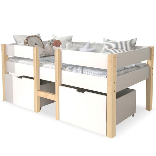 Lit Cabane 90x190 Cm Mi-hauteur Enfant Avec Protection Antichute Et Tiroirs - Design Moderne - Blanc