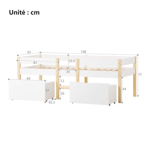 Lit Cabane 90x190 Cm Mi-hauteur Enfant Avec Protection Antichute Et Tiroirs - Design Moderne - Blanc