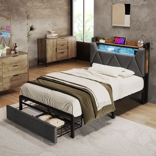 Lit 90x200 Cm Avec Tête LED Et USB Type-c - Lin Gris