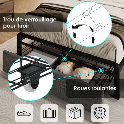 Lit 90x200 Cm Avec Tête LED Et USB Type-c - Lin Gris