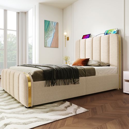 Lit Simple 90x200 Cm Avec LED Et Tiroirs - Lin Beige