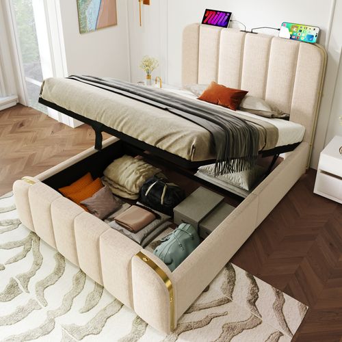 Lit Simple 90x200 Cm Avec LED Et Tiroirs - Lin Beige