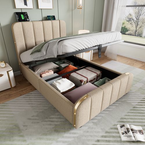 Lit Simple 90x200 Cm Avec LED Et Tiroirs - Lin Beige