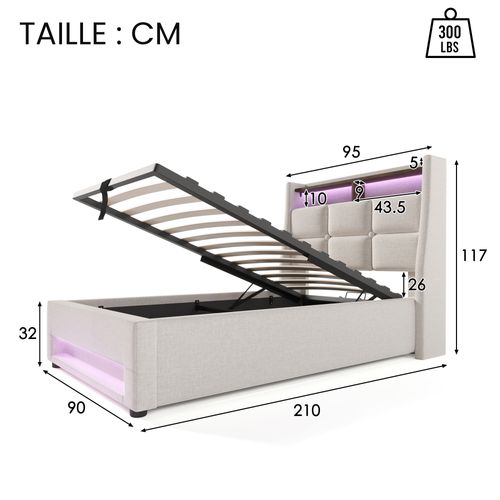 Lit Coffre 90x200 Cm - Lit Ados Avec USB Et LED - Lin Beige