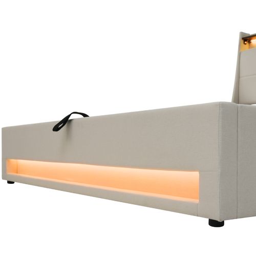 Lit Coffre 90x200 Cm - Lit Ados Avec USB Et LED - Lin Beige