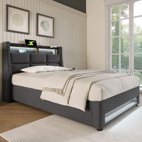 Lit Coffre 90x200 Cm - Lit Ados Avec USB Et LED - Lin Gris