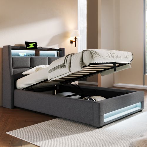 Lit Coffre 90x200 Cm - Lit Ados Avec USB Et LED - Lin Gris