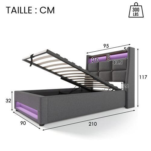 Lit Coffre 90x200 Cm - Lit Ados Avec USB Et LED - Lin Gris