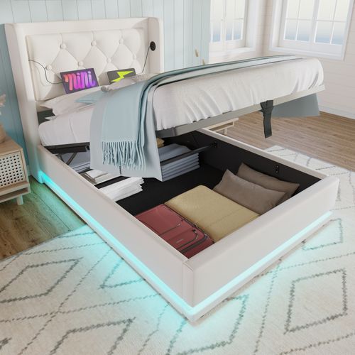 Lit Coffre Hydraulique 90x200 Cm - Lit Simple Avec USB Type-c Et LED - Pu Blanc