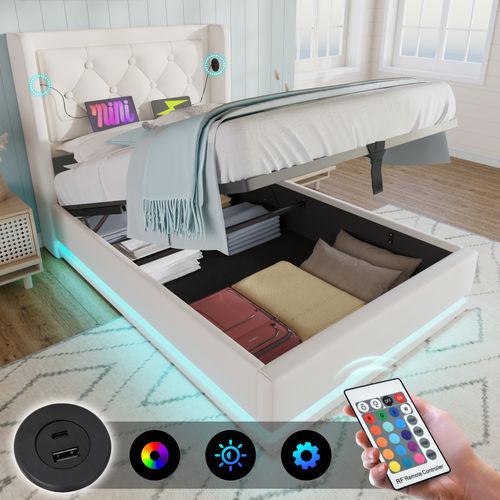 Lit Coffre Hydraulique 90x200 Cm - Lit Simple Avec USB Type-c Et LED - Pu Blanc