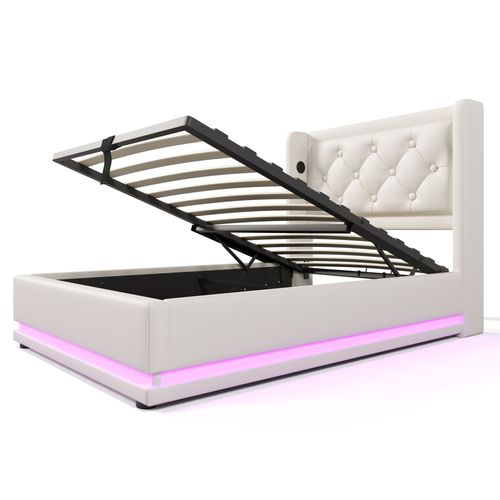 Lit Coffre Hydraulique 90x200 Cm - Lit Simple Avec USB Type-c Et LED - Pu Blanc